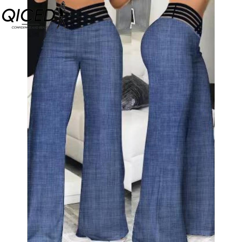 

QICED Женские модные повседневные брюки и капри с принтом однотонного цвета S темно-синий