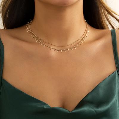 Acessórios, colar feminino simples de metal com franjas de camada dupla, colar versátil de corrente com contas geométricas redondas para a clavícula