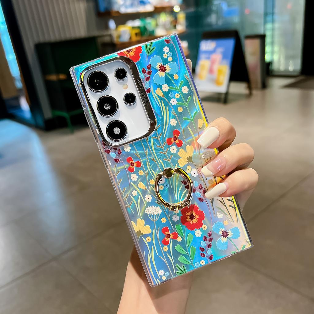 Electroplated Laser Flower Imd with Ring Buckle Bracket S24 Mobile Phone Case S25Ultra Anti-drop All-inclusive A56 Hard Case