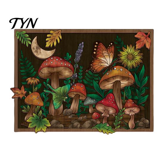 Rustic Bedroom Decor Boho Moon Mushroom Wall Hanging Decor, Vintage Forest Multi-Layer Wooden Plaque, Floral Nature Inspired Art Butterfly Themed