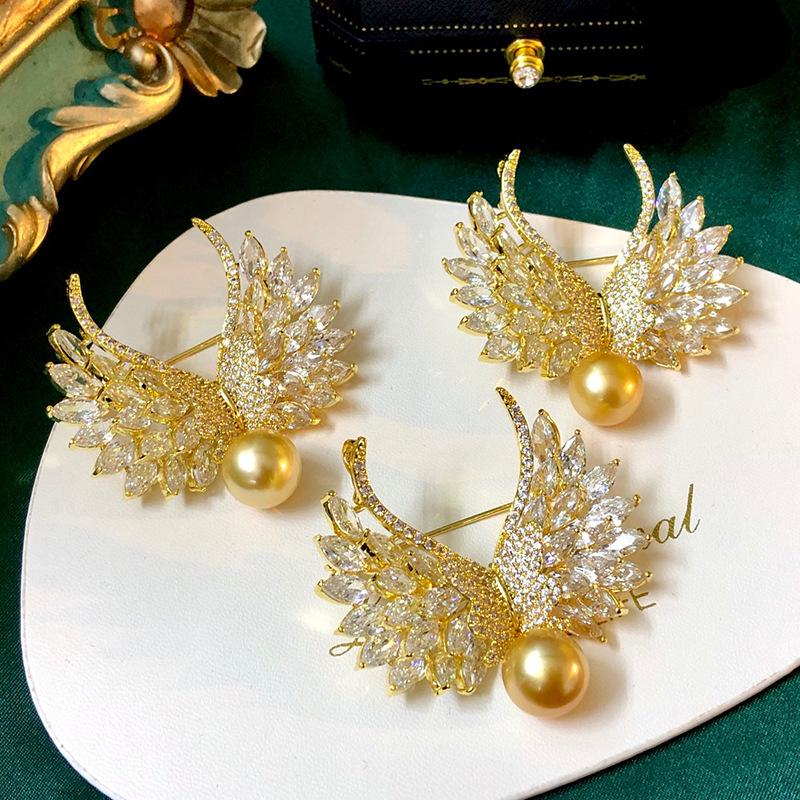 Gold-Plated Angel Wings Brooch with Zircon Pearls