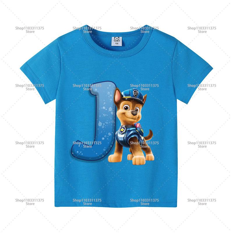 Cute PAW Patrol Blue T-shirt Boys Clothes Letter A-Z Printed Short Sleeve Cartoon Fashion Kids Birthday Toddler Cotton Tops Gift