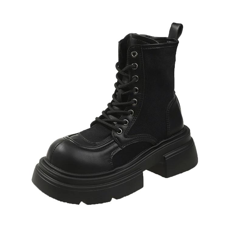 Fashion Block Heel Booties Women's Fashion Round Toe Spliced Suede Front Lace-up Platform Non-Slip Wear-Resistant Single Shoes