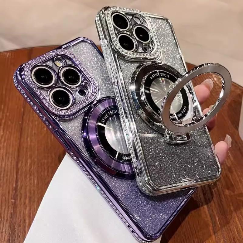 Luxurious Water Diamond Gradient Glitter Is Suitable for IPhone16 Phone Cases, Magnetic Stand, and Apple 15proMax Electroplated Cases