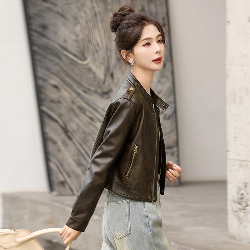 Leather Jacket Women's Short Spring and Autumn New Temperament Thin Stand-up Collar Locomotive Jacket Top