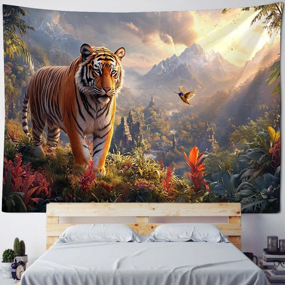 Animal oil painting tapestry, tiger lion elephant wolf, art decoration, wall hanging, hippie, home background cloth, bedroom
