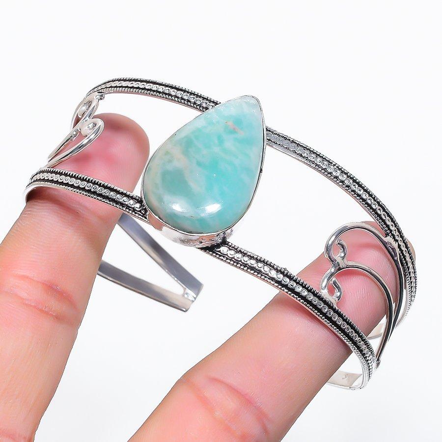 Natural Amazonite Gemstone 925 Sterling Silver Cuff Bangle Adjustable l2W46