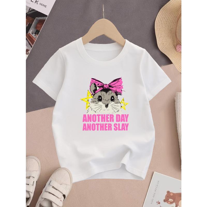 European sizes 1pc Girls  Short-Sleeve Casual T-Shirt,  Another Day Another Slay  Pink Hamster Print, Multiple Colors Available 110 белый