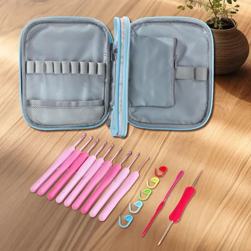 Häkelnadel-Organizer-Tasche Stoff Strickwerkzeug Aufbewahrungsetui Eingebautes Reißverschlussfach Elastische Schlitze für Nähzubehör