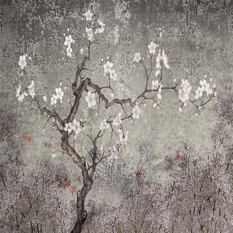 Retro Photo Wallpaper Plum Blossom Mural Hand Painted Flowers Birds Wall Murals Living Room Study Fresco
