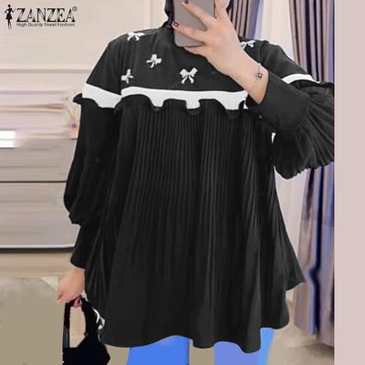 Women Casual Round Neck Loose Long Sleeve Patchwork Blouse