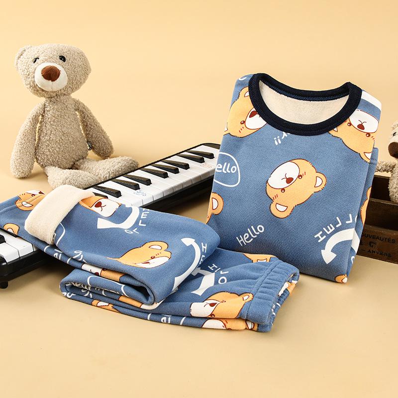 Children's Fleece-Lined Warm Pajama Set for Boys and Girls - Thick Winter Home Wear Pants and Top