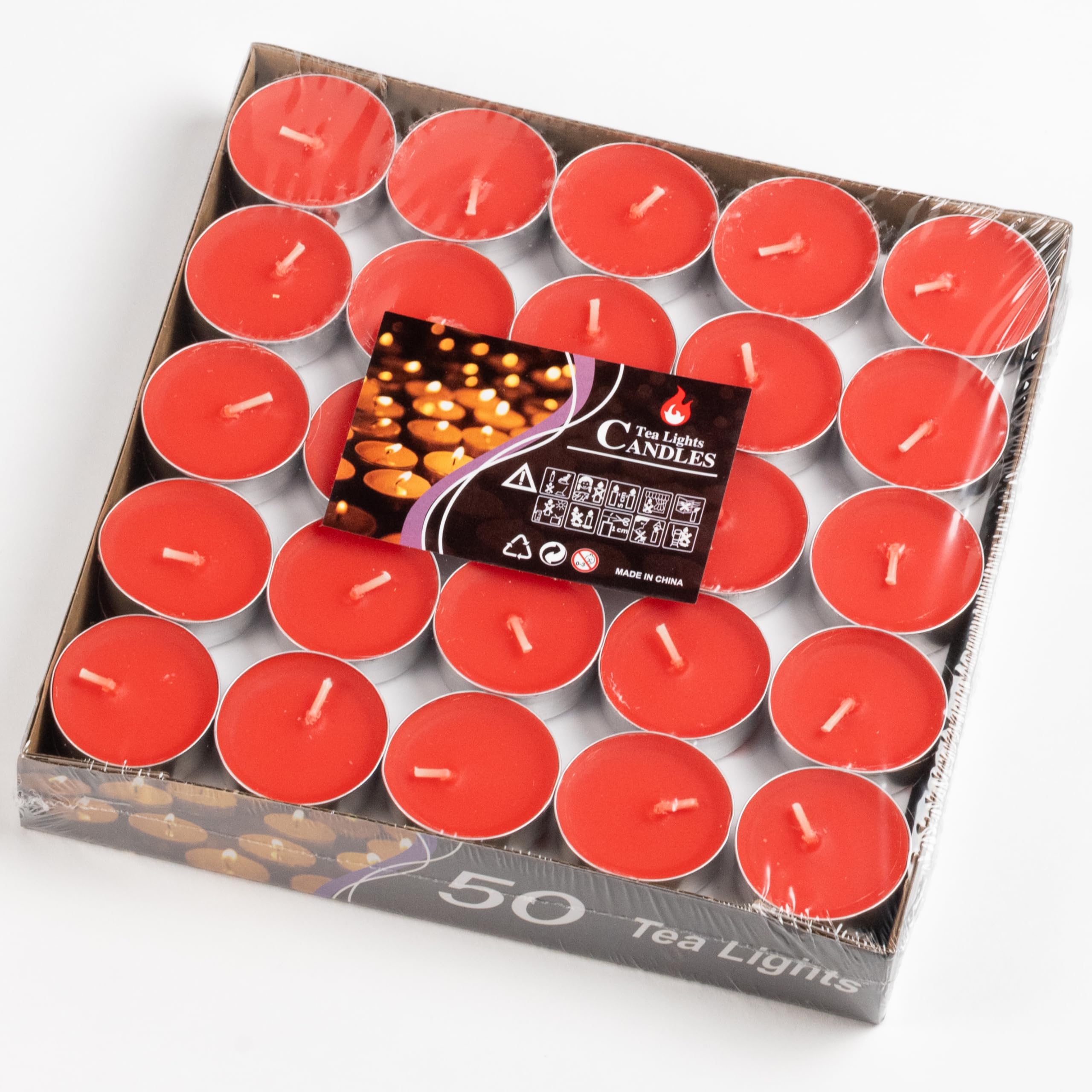 

HIDERME Tealight Candles, 50 Candles, Aluminum Cup, Unscented, Round, 15mm Tall, 38mm Diameter (Red)