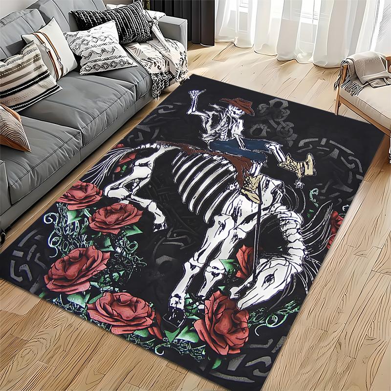 Skeleton Horse and Roses Carpet with Gothic Black Background Style Suitable for use as an anti-slip for living room bedroom sofas