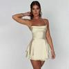 Satin Silk Women Sexy Cami Playsuits Dress Solid Cowl Neck Sleeveless Short Jumpsuits Summer Cross Tie-Up Backless Romper