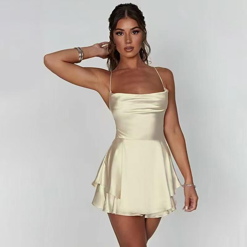 Satin Silk Women Sexy Cami Playsuits Dress Solid Cowl Neck Sleeveless Short Jumpsuits Summer Cross Tie-Up Backless Romper