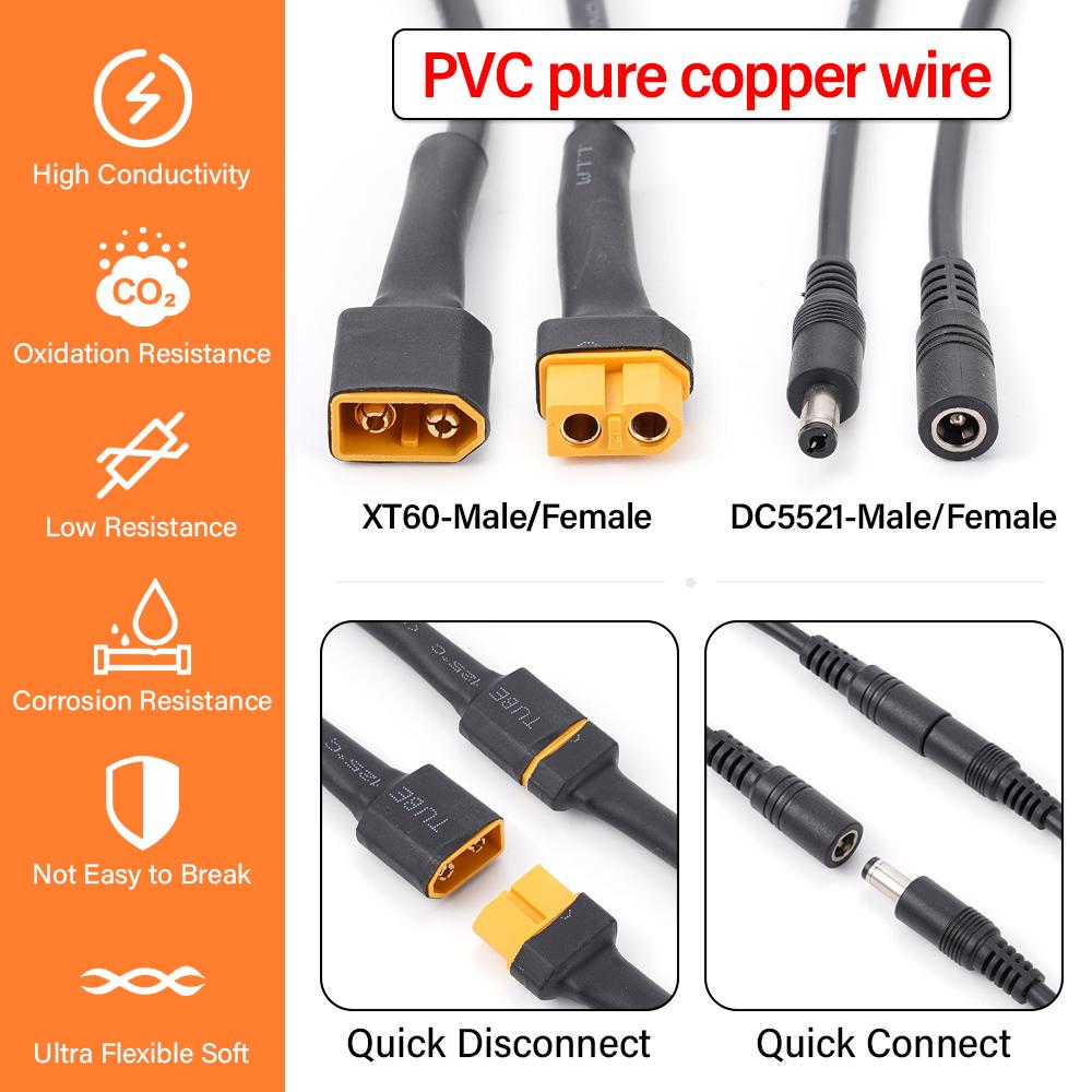 DC 5.5 2.1 2.5mm XT60  Female Male Plug To T Plug Female Male Adapter Connector With 18AWG  Silicone Wire