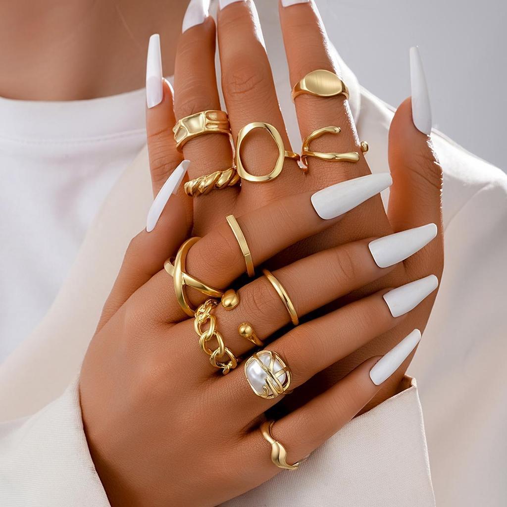 12Pcs/Set Retro Irregular Geometric Rings for Women Punk Alloy Metal Adjustable Finger Rings Set Fashion Statement Jewelry Party