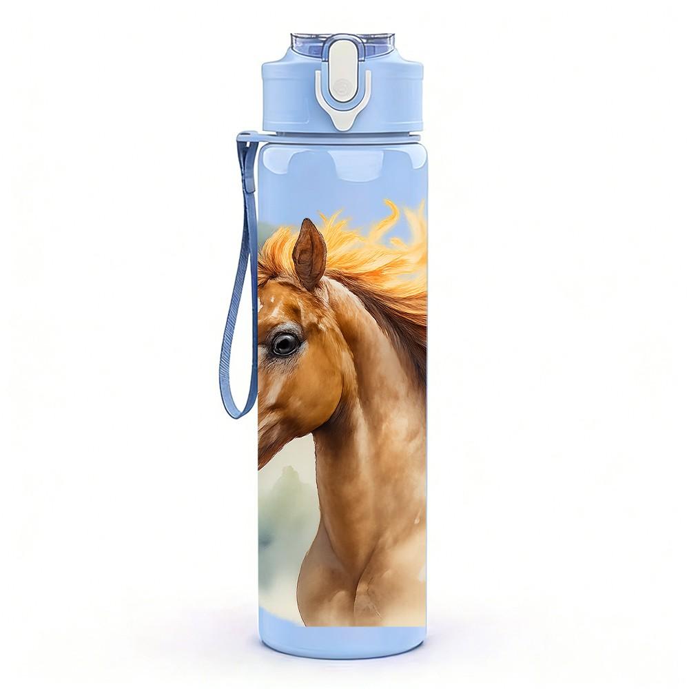 1PC Chestnut Brown Horse Head Print 750ml Color Plastic Sports Water Bottle Leakproof Flip Straw Lid Suitable for Sports Office Home Use