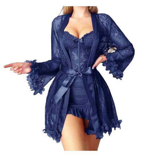 Women's 2 Piece Mesh Pajamas Set, Lace Cami Nightgown with Kimono Robe Nightwear Set, Babydoll Chemise Sheer Sleepwear