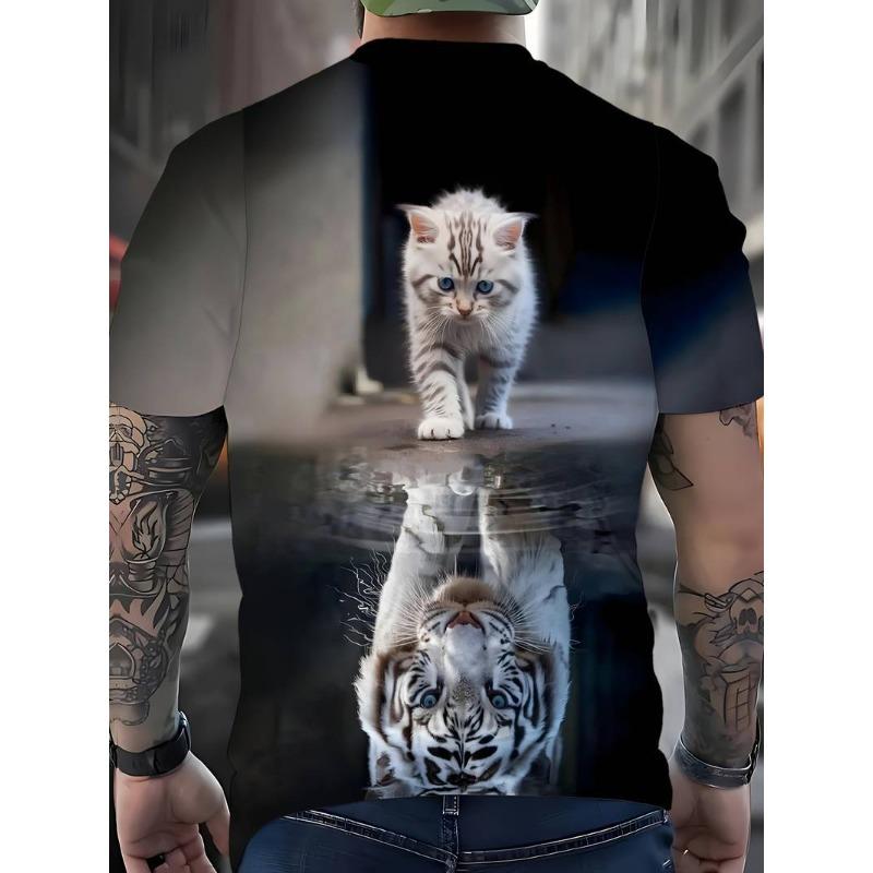 3D Cat Animal Pattern Short Sleeved T-shirt for Summer, Breathable and Sweat Proof Top Men's T-shirts