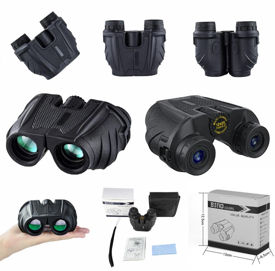 12x25 Compact Outdoor Binoculars Adults Kids Large Eyepiece Low Light Vision Easy Focus Portable Design Travel Sightseeing BAK4
