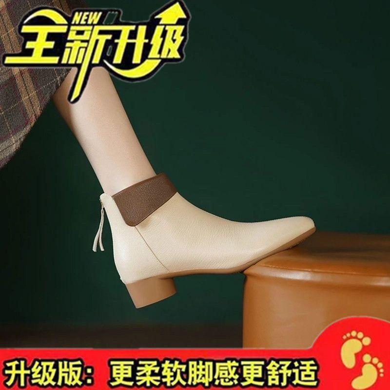 3 Leather Soft-soled Short Boots Women's Spring and Autumn Single Boots Pointed 2025 New Winter Velvet Versatile French Boots Women