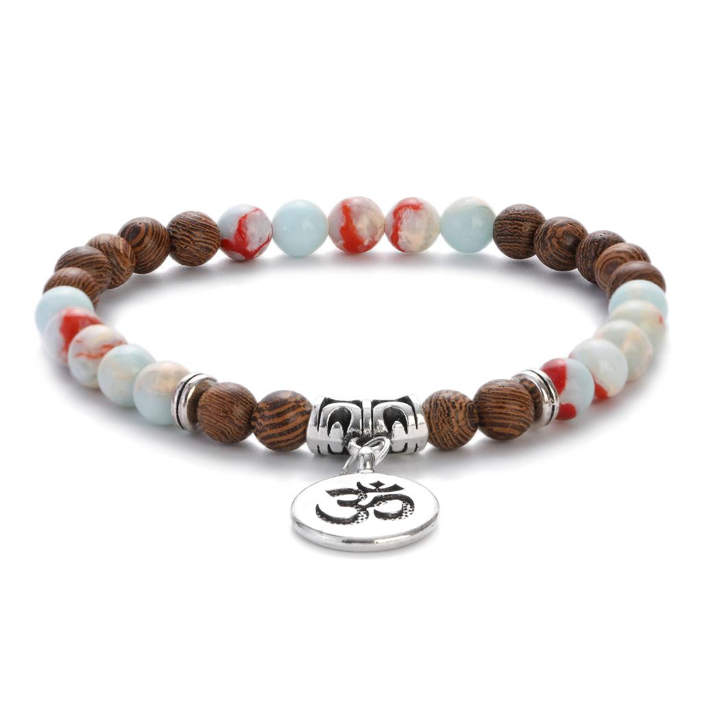 Natural Wood Beads Bracelet Women Men Yoga Meditation Prayer Om Pendant Wooden Jewelry Classic Sliver