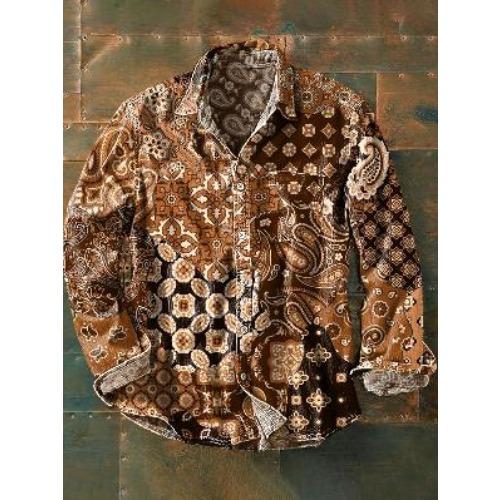 Retro-style Colour-block Print Men’s Long-sleeved Button-down Shirt