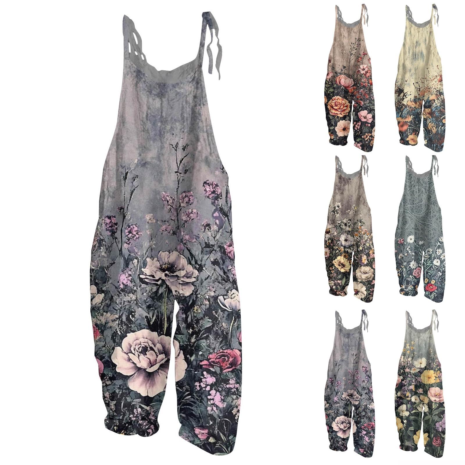 

Women s Jumpsuit Floral Print Casual Loose Vintage Shoulder Strap Cotton Linen XXXXL жовтий