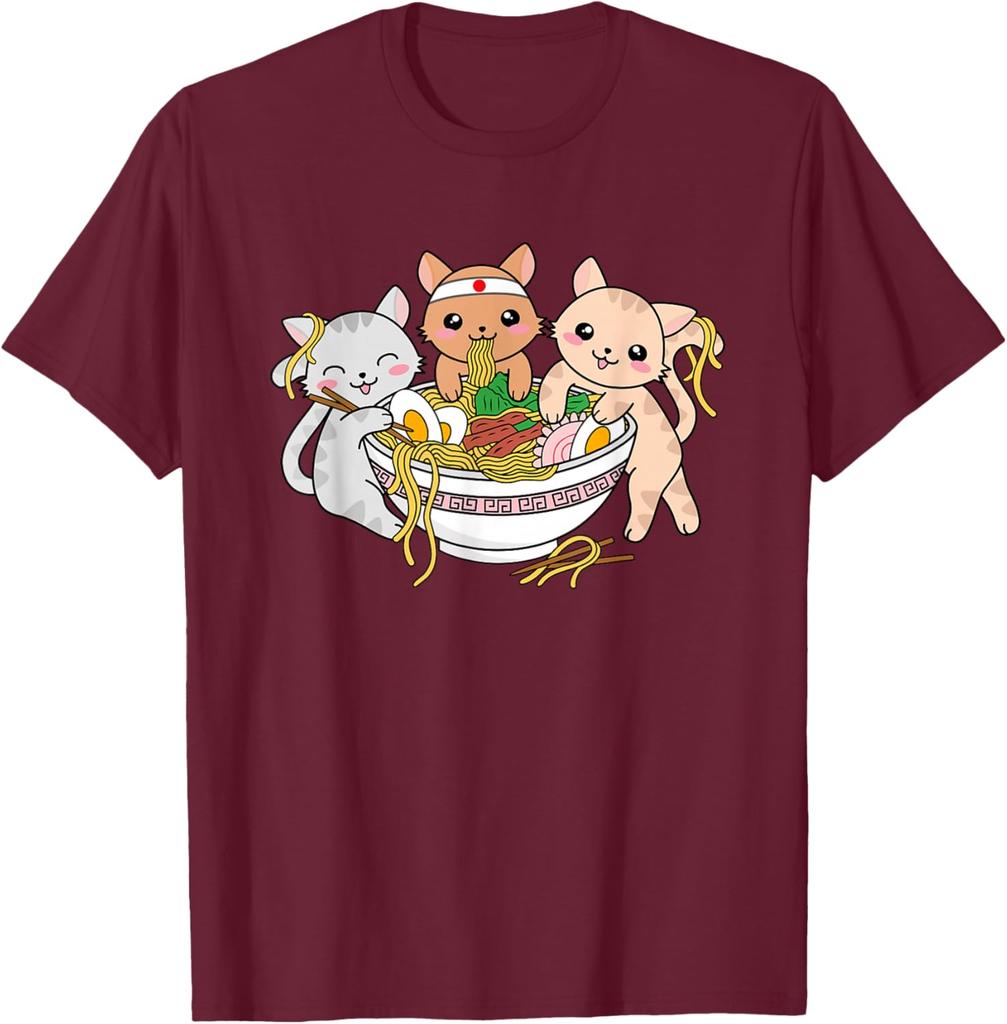 Cute Kawaii Cats Eating Ramen Japanese Noodle Graphic Tee Soft Cotton T-Shirt
