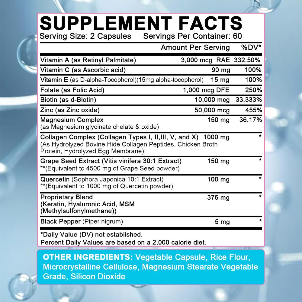 Bcuelov 14 in 1 Kollagenkapseln 64.000 MCG mit Typ I II III V X Biotin Keratin für Hautpflege Haarpflege Nägel und Gelenkschutz 120 Kapseln