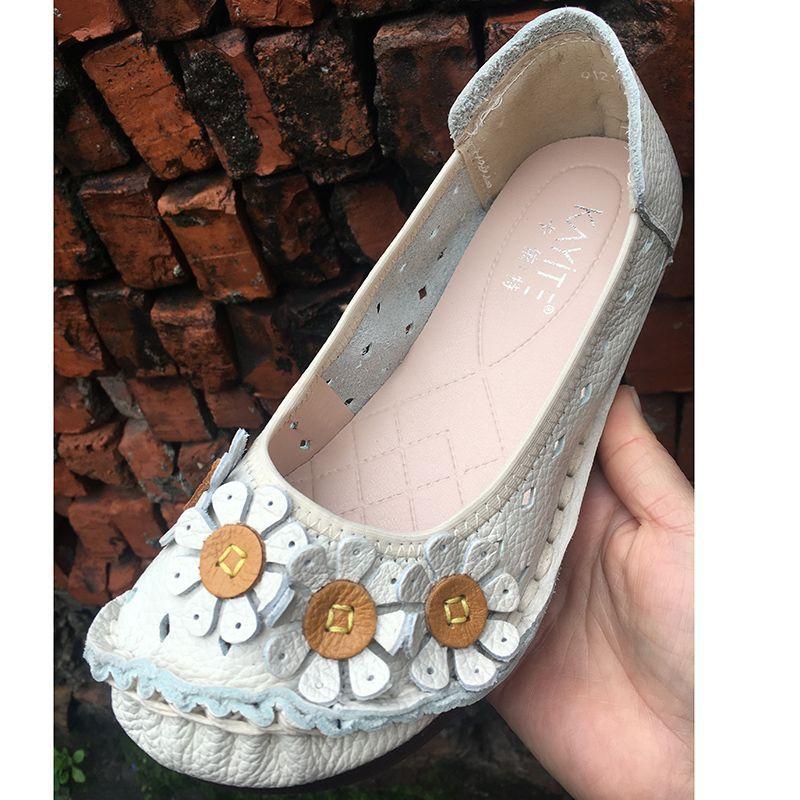 Vintage Flower Moccasins Woman Genuine Leather Ballet Flats Ladies Hollow Slip Women's Luxury Loafer Purple Walking Shoes 42