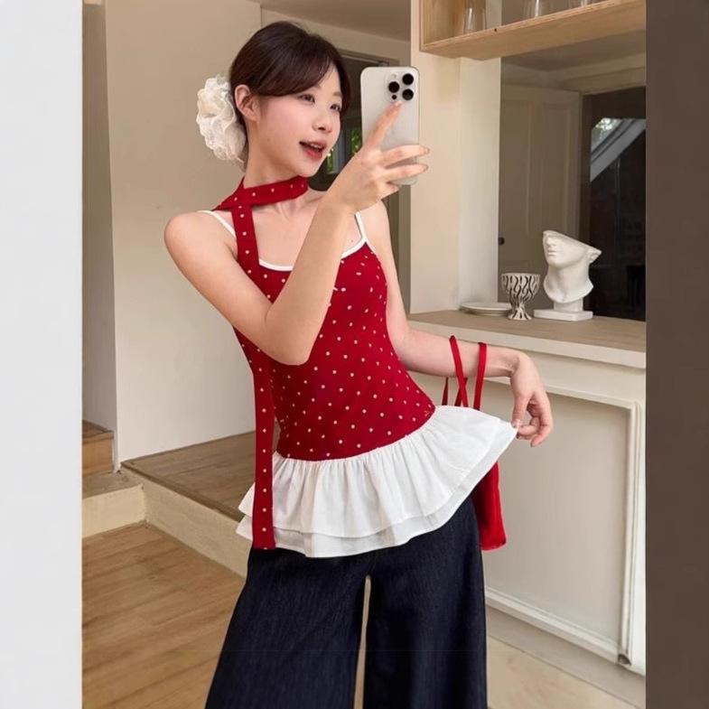 2025 Summer Women's Polka Dot Ruffle Cami with Bow - Trendy and Slimming