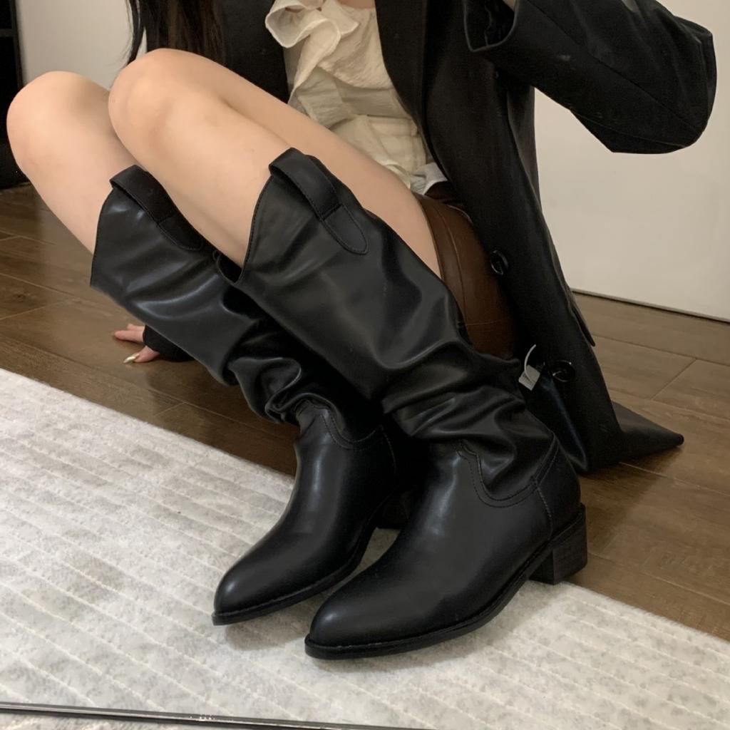 [] Western boots women's autumn and winter new European and American style but knee high thick heel medium heel knight boots