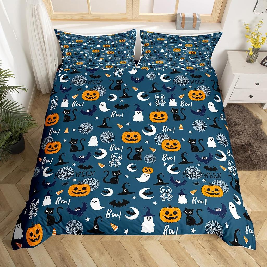 Comforter Happy Halloween Ghost Full Bedding Set For Boys Girl Spider Bat Black Cat Print Comforter Trick Or Treat Theme