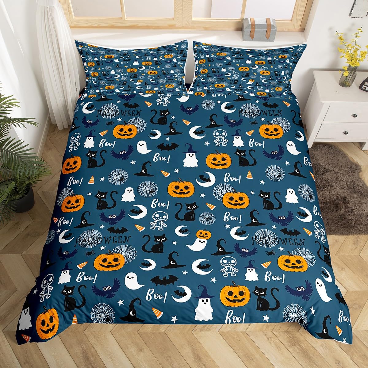 

Happy Halloween Duvet Cover Ghost Full Bedding Set For Boys Girl Spider Bat Black Cat Print Comforter Cover Trick Or Treat Theme EU Single(135*200cm)3pcs