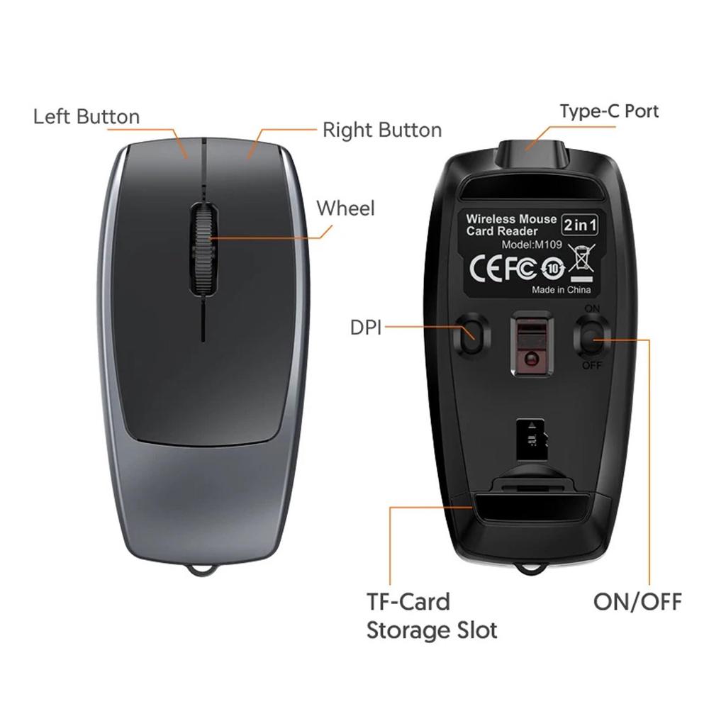 Acogedor Mini Bluetooth Mouse with TF Card for Travel Office Use 2-in-1 Reader, Type-C Rechargeable, Ultra-Compact, Laptops, Tablets, Phones,