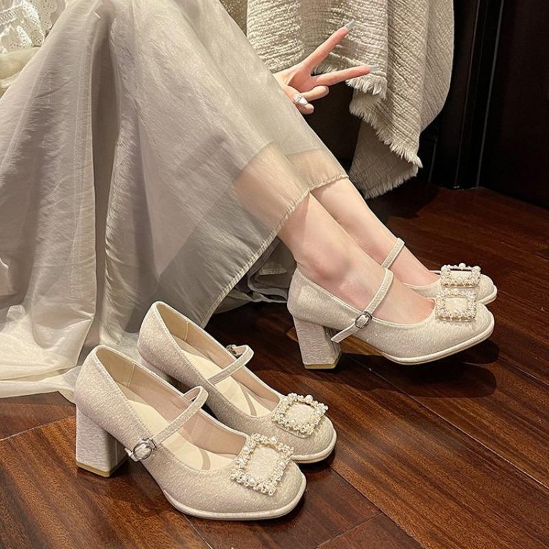 Women's Mary Jane Shoes Square Heel Rhinestones Pearl High Heels Women Dress Party Square Toe Fairy Style Zapatillas De Mujer