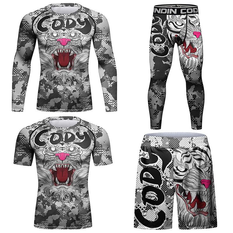 Set Base Layer Sportivo a Compressione da Uomo - Top a Manica Lunga Stampato Traspirante Elasticizzato Pantaloni Corsa Palestra Ciclismo Escursionismo