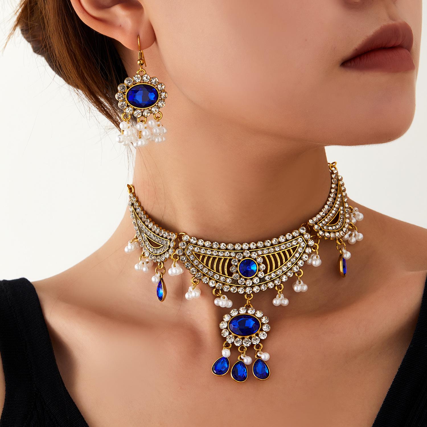 Роскошный набор: ожерелье с кисточкой из овальных бусин со стразами и серьги: Европейский и американский экзотический стиль синий