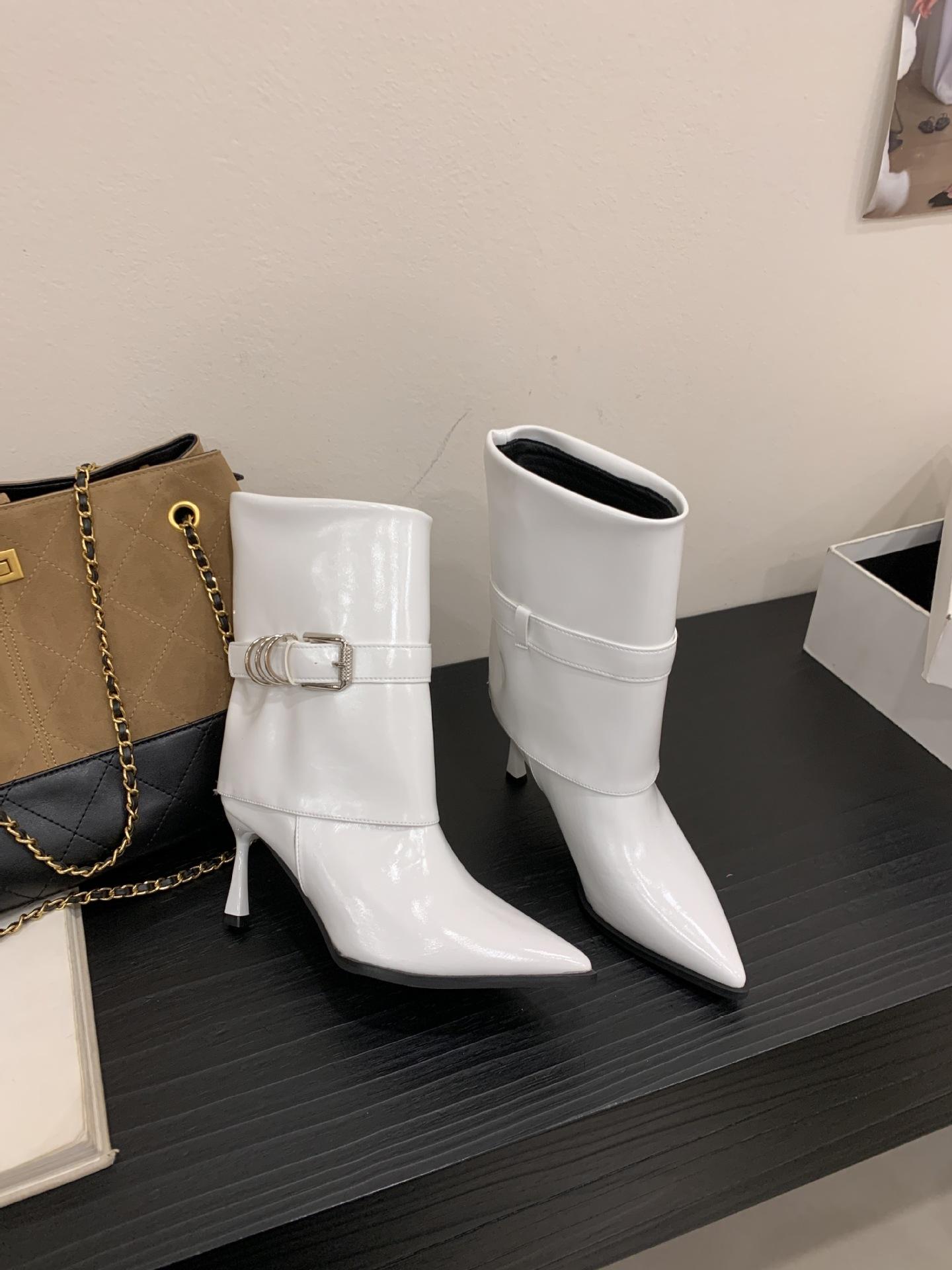 

2025 autumn new retro small pointed head strap Korean version thin thin high heel short boots women 39 белый