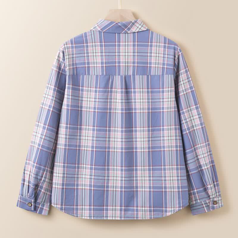 YUZHAOLIN Women's Plaid 100% Cotton Embroidered Long Sleeve Shirt