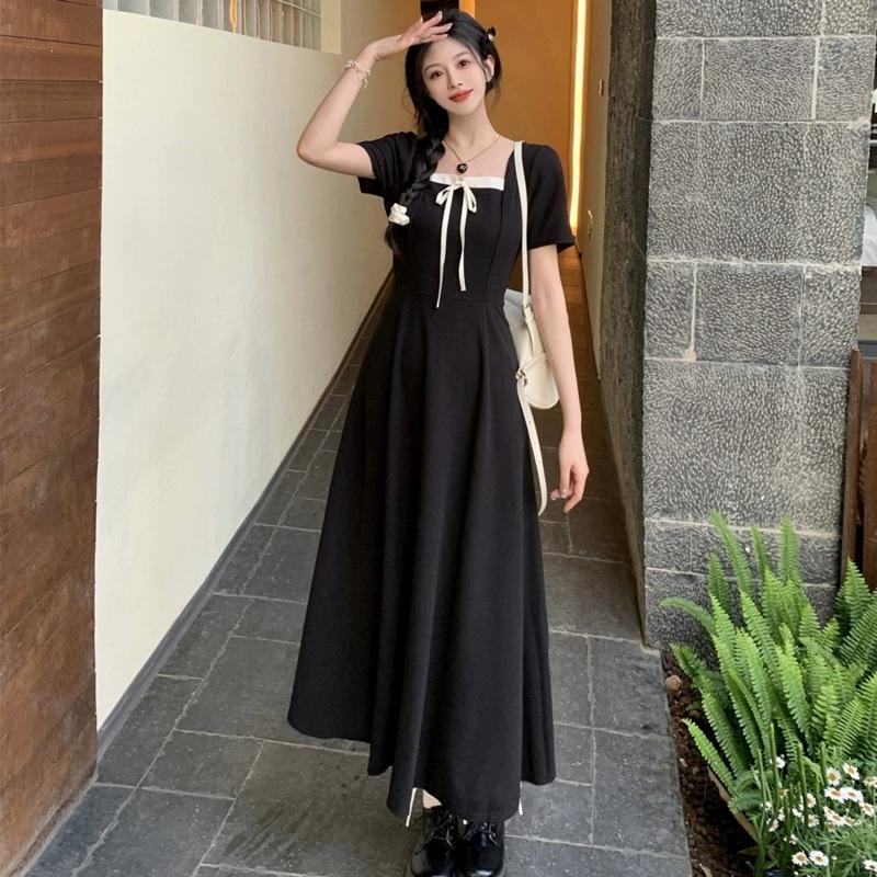Large Size Women's Clothing French Front Shoulder Square Neck Short Sleeve White Dress Summer Thin Waist Cover Meat Age Reduction Long Skirt