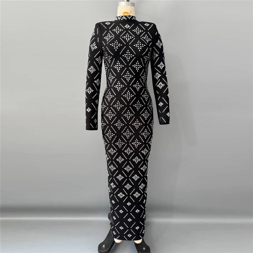 Elegant Western Retro Bandage Dress - Long Sleeve Evening Gown with Hot Drill Detailing