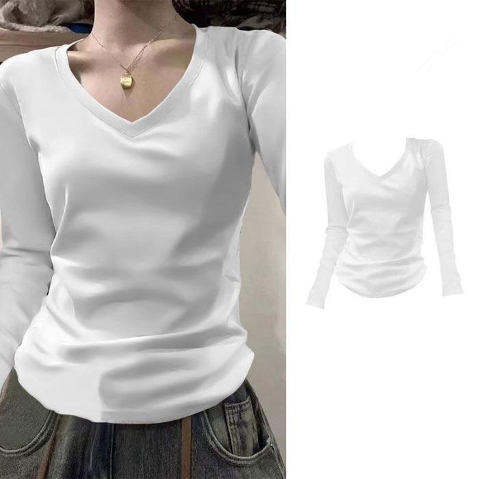 

Solid color V-neck long-sleeved T-shirt bottoming shirt women s new spring and autumn slim-fit inner slim-fit and thin student tops trendy S белый