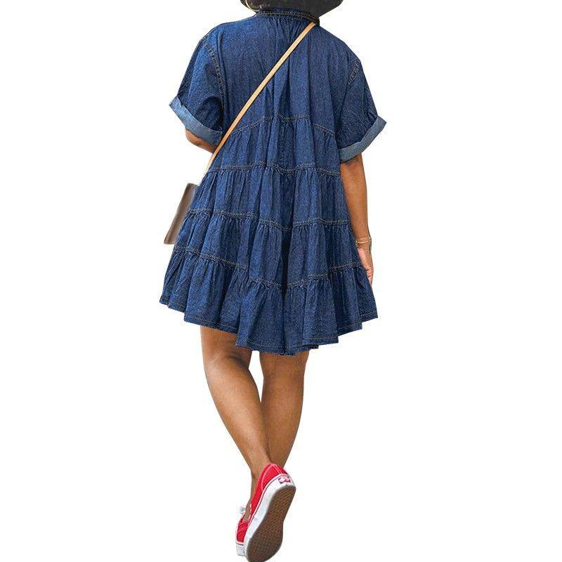 

Cross-Border Plus size Fat Girl 150.00kg Short Sleeve Lapel Single Breasted Denim a Short Front and Long Back Short Back Length Puffy Dress Dress Dark Blue 5XL