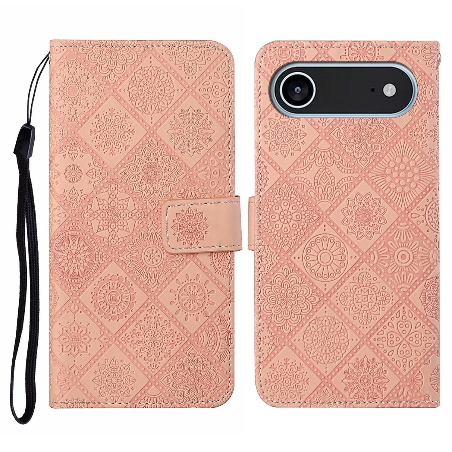 

For iPhone 17 Air Case Leather Case Ethnic Style Wallet Phone Cover with Strap Pink
