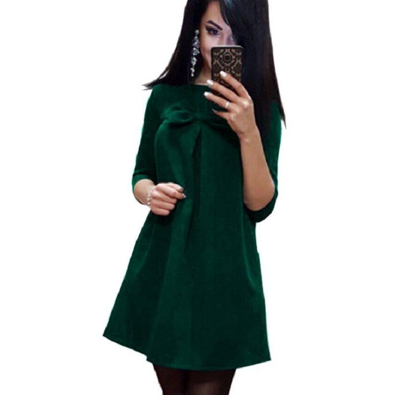 Elegant Cotton Blend Solid Color Dress With Sweet Bow Design For Stylish Commuters