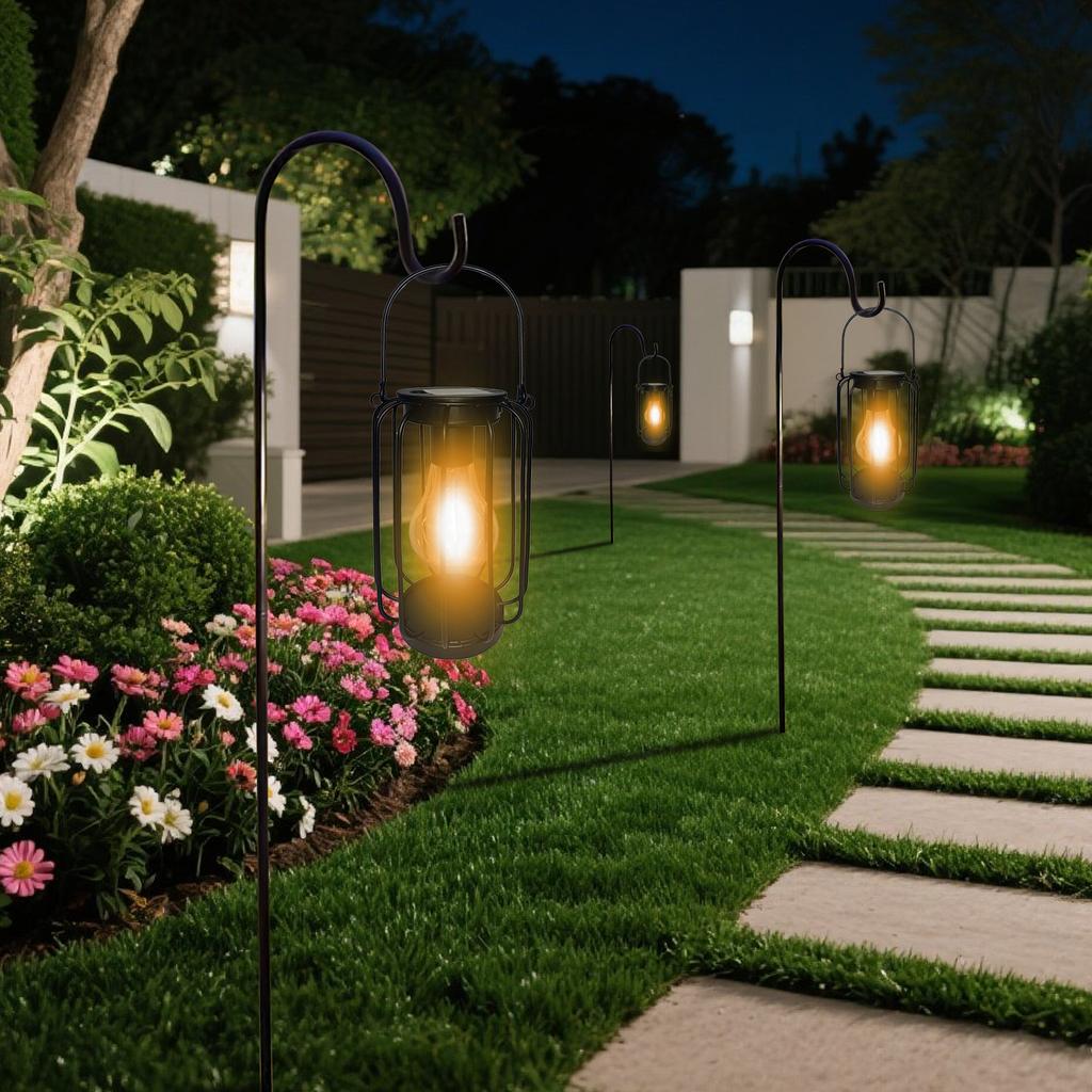 Solar-powered lantern light, hanging lantern with bulb, suitable for outdoor gardens, patios, lawns, and walkway decorations.